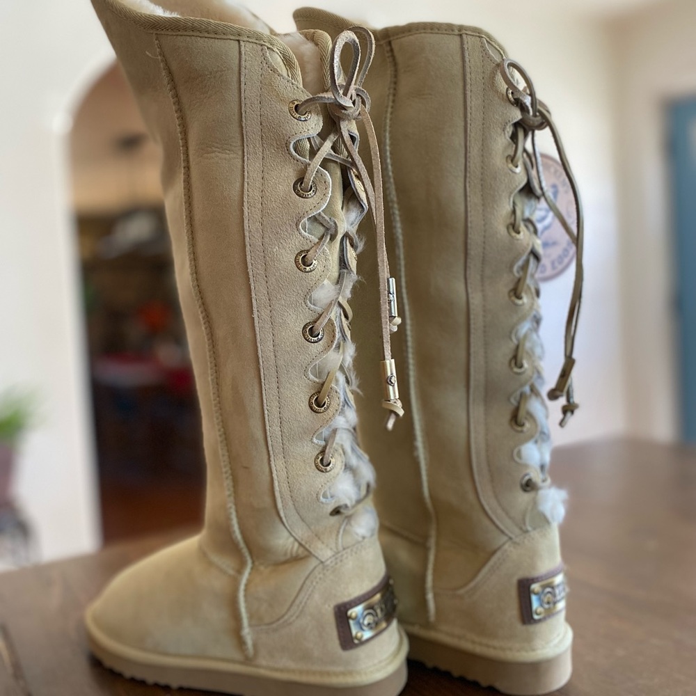 NEW AUSTRALIA LUXE Dita Tall Tan Suede Leather Shearling boots Size US 7 EU 38